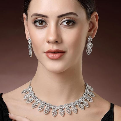 Jewellery Set Leaf Style AD/ Rose Gold Plated Handcrafted Circle Necklace Set for Women & Girls (Silver White) - Rajputtrade