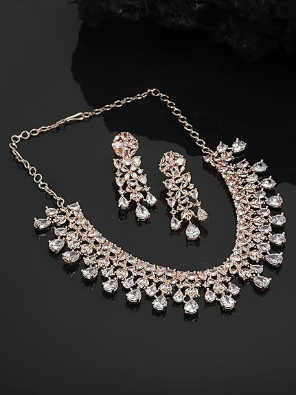 Necklace Set For Women | White Stone Rose Gold Jewellery Set - Rajputtrade