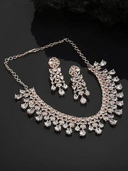 Necklace Set For Women | White Stone Rose Gold Jewellery Set - Rajputtrade