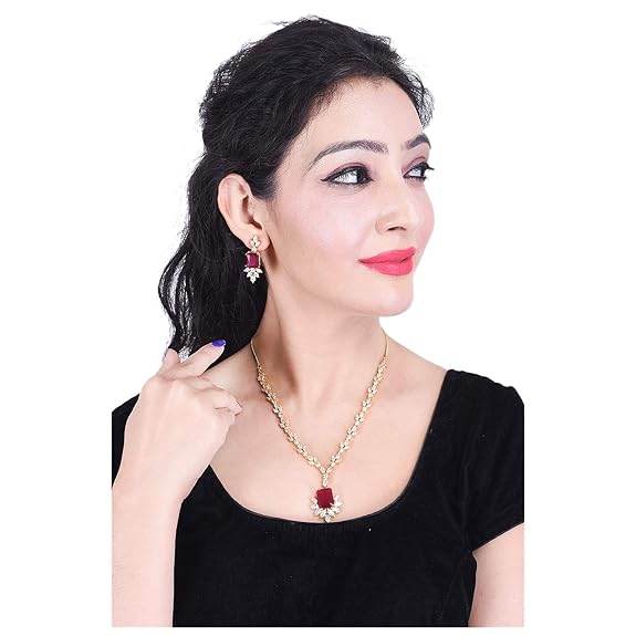 Gold Plated Traditional Fashion Jewellery Red Ruby Necklace Set Pendant with Earring for Women/Girls (Red-Gold) - Rajputtrade