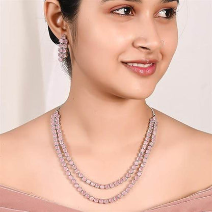 Cubic Zirconia Dual Strand Necklace Jewellery Set With Dangler Earrrings For Women/Girls (Pink) - Rajputtrade
