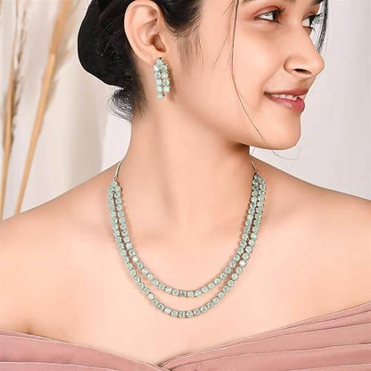 Cubic Zirconia Dual Strand Necklace Jewellery Set With Dangler Earrrings For Women/Girls (Mint Green) - Rajputtrade