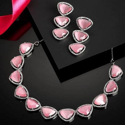 Silver Toned Triangular Shaped American Diamond Studded Jewellery Set For Women and Girl (Pink) - Rajputtrade