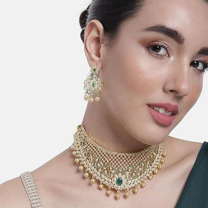 Gold Plated CZ Grand & Gorgeous Bridal Choker Set With Pearls & Crystals for Women - Rajputtrade
