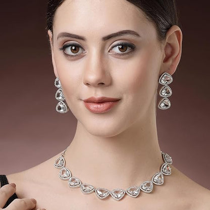 Silver Toned Triangular Shaped American Diamond Studded Jewellery Set For Women and Girl (White) - Rajputtrade