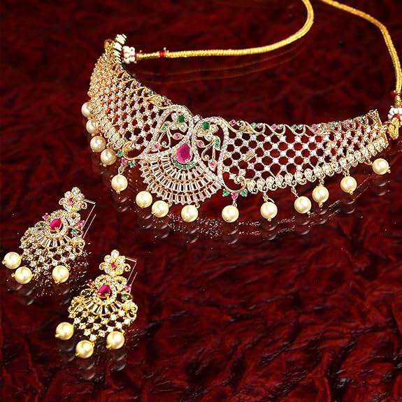 Gold Plated White & Red American Diamond Studded With Drop Pearl Beaded Jewellery Set For Women & Girl - Rajputtrade