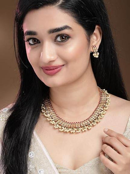 24K Gold-Plated Handcrafted Artificial Lotus Motif Jewelry Set with Earrings For Women and Girls - Rajputtrade