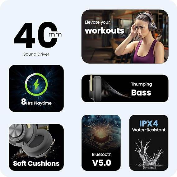 HAMMER Bash 2.0 Over The Ear Wireless Bluetooth Headphones with Mic, Upto 8 Hours Playtime (Grey) - Rajputtrade