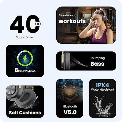 HAMMER Bash 2.0 Over The Ear Wireless Bluetooth Headphones with Mic, Upto 8 Hours Playtime (Grey) - Rajputtrade