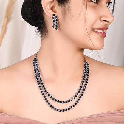 Cubic Zirconia Dual Strand Necklace Jewellery Set With Dangler Earrrings For Women/Girls (Blue) - Rajputtrade