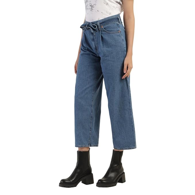 Women's Mid Rise Belted Baggy Loose Straight Fit Jeans, Blue (Size 34) - Rajputtrade