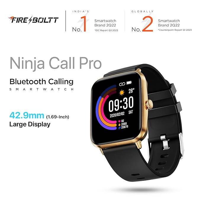Fire-Boltt Ninja Call Pro Smart Watch Dual Chip Bluetooth Calling, 42.92mm (1.69 inch) Display (Dark Gold Black) - Rajputtrade