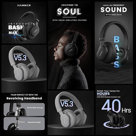 HAMMER Bash Max Over The Ear Wireless Bluetooth Headphones with Mic, Upto 40 Hours Playtime (Black) - Rajputtrade
