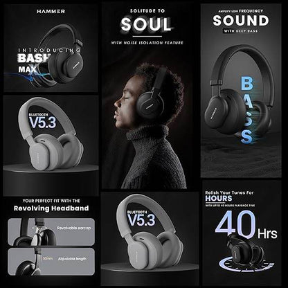 HAMMER Bash Max Over The Ear Wireless Bluetooth Headphones with Mic, Upto 40 Hours Playtime (Black) - Rajputtrade