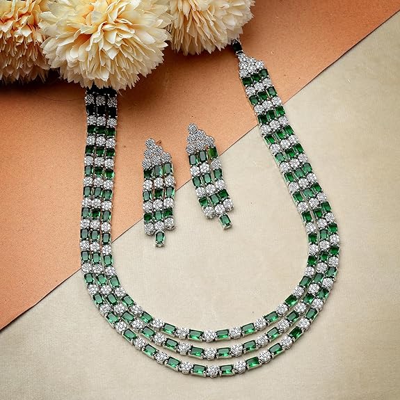 Necklace With Earrings Jewellery Set For Girls and Women (Green) - Rajputtrade