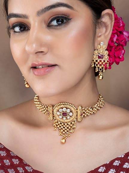 24K Gold Plated Stylish Handcrafted Stone-Studded with Earrings for Women & Girls - Rajputtrade