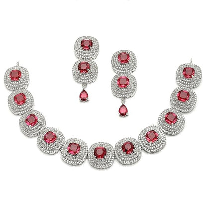 Silver Toned Triangular Shaped American Diamond Studded Jewellery Set For Women and Girl (Red) - Rajputtrade