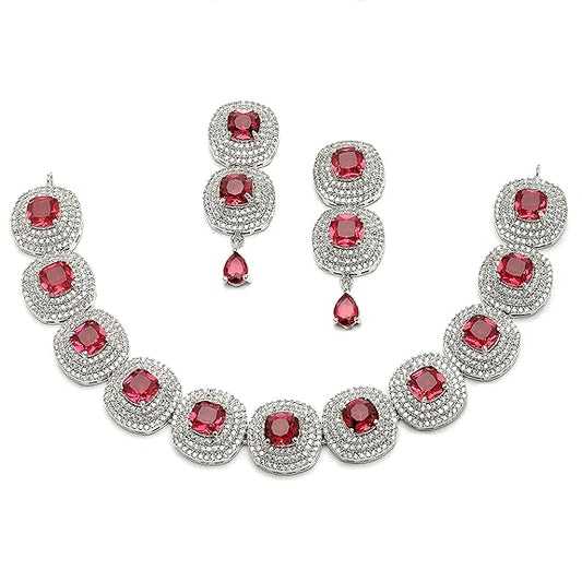 Silver Toned Triangular Shaped American Diamond Studded Jewellery Set For Women and Girl (Red) - Rajputtrade