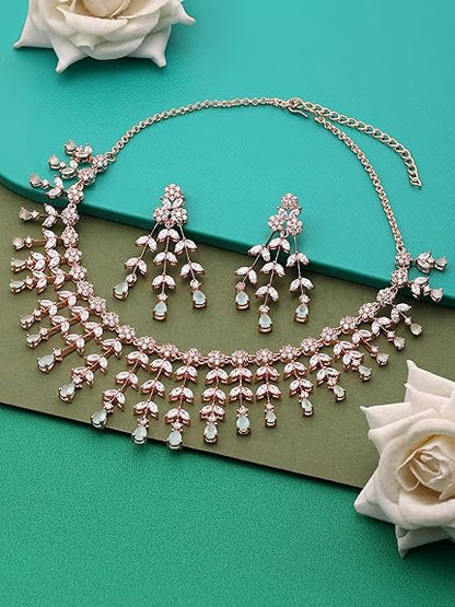 Mint Green Dazzling Cubic Zirconia Designer Brass Necklace Earring Set For Women - Rajputtrade
