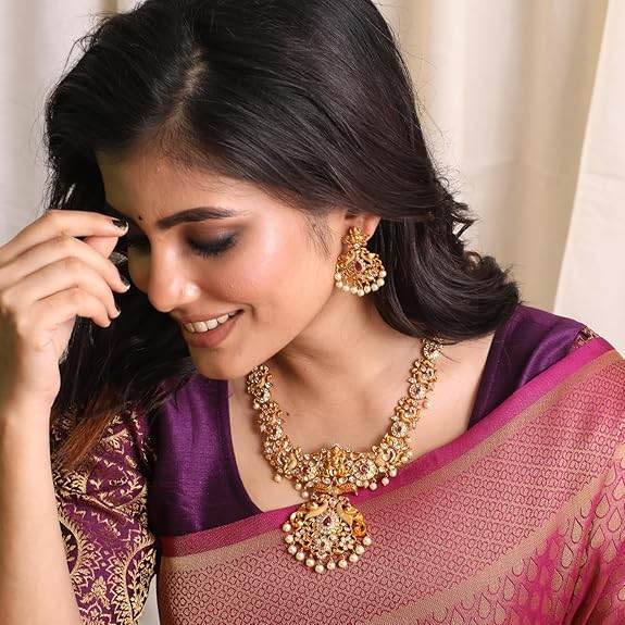 Gold Plated Jaya Long Necklace Set with Lakshmi Idol & Peacock Design - Jewelry Set (White Red) - Rajputtrade