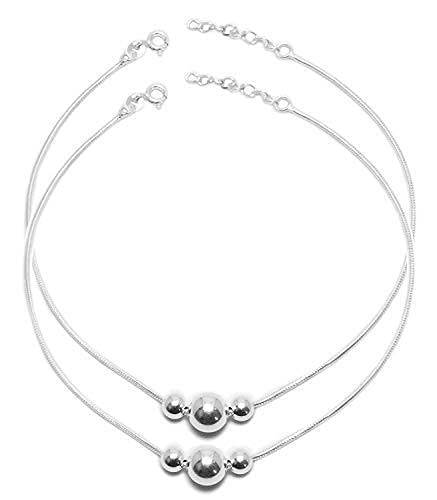 925 Pure Silver 3 Moving Ball Threaded Snake Pattern Anklet/Payal in Pure for Girls & Women - Pair - Rajputtrade