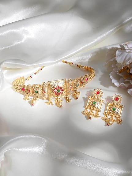 24K Gold Plated Stylish Handcrafted Stone-Studded with Earrings for Women & Girls - Rajputtrade