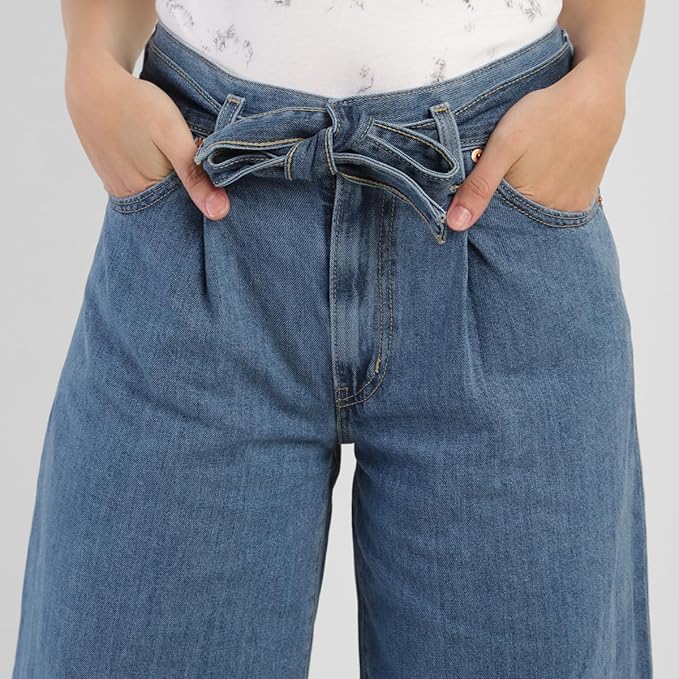Women's Mid Rise Belted Baggy Loose Straight Fit Jeans, Blue (Size 34) - Rajputtrade