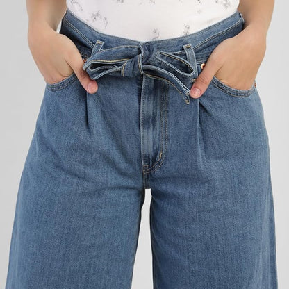 Women's Mid Rise Belted Baggy Loose Straight Fit Jeans, Blue (Size 34) - Rajputtrade