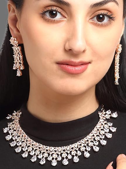 Necklace Set For Women | White Stone Rose Gold Jewellery Set - Rajputtrade