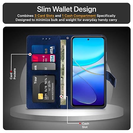 Vivo Y200e 5G | Vivo T3 5G (Flexible | Leather Finish | Card Pockets Wallet & Stand | Blue)