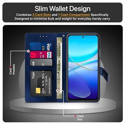 Vivo Y200e 5G | Vivo T3 5G (Flexible | Leather Finish | Card Pockets Wallet & Stand | Blue)