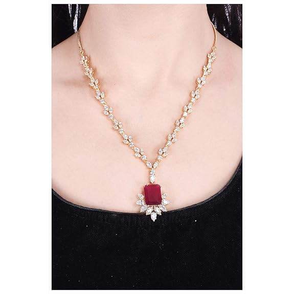 Gold Plated Traditional Fashion Jewellery Red Ruby Necklace Set Pendant with Earring for Women/Girls (Red-Gold) - Rajputtrade