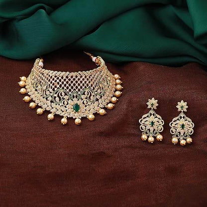 Gold Plated CZ Grand & Gorgeous Bridal Choker Set With Pearls & Crystals for Women - Rajputtrade