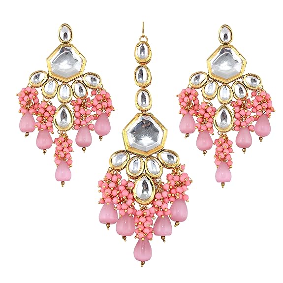 Jewellery 18K Gold Plated Pink Color Kundan Stone, Monalisa Drop Bridal Set for Girls & Women - Rajputtrade
