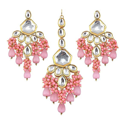 Jewellery 18K Gold Plated Pink Color Kundan Stone, Monalisa Drop Bridal Set for Girls & Women - Rajputtrade