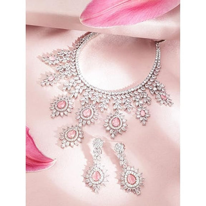 Womens Silver Plated Handcrafted Pink AD Stone Studded Necklace and Earring Set - Rajputtrade