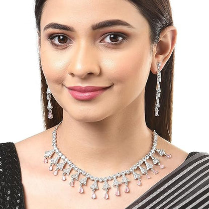 Silver Toned White, Necklace With Earring Jewellery Set For Woment and Girl - Rajputtrade