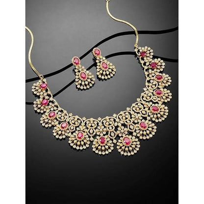 Gold Plated Cubic Zirconia & Red Crystal Studded Floral Necklace & Dangle Earring - Rajputtrade