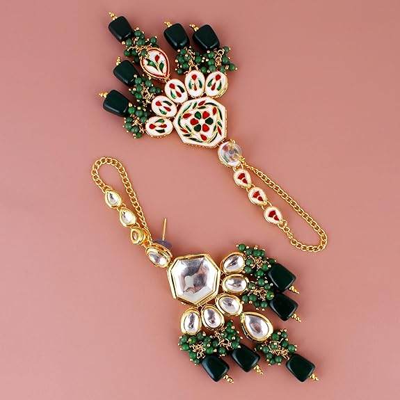 Back Meenakari 18k Gold Plated Green Color Tika Earring Combo Uncut Big Faux Kundan Choker Necklace Set - Rajputtrade