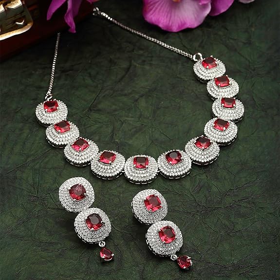 Silver Toned Triangular Shaped American Diamond Studded Jewellery Set For Women and Girl (Red) - Rajputtrade