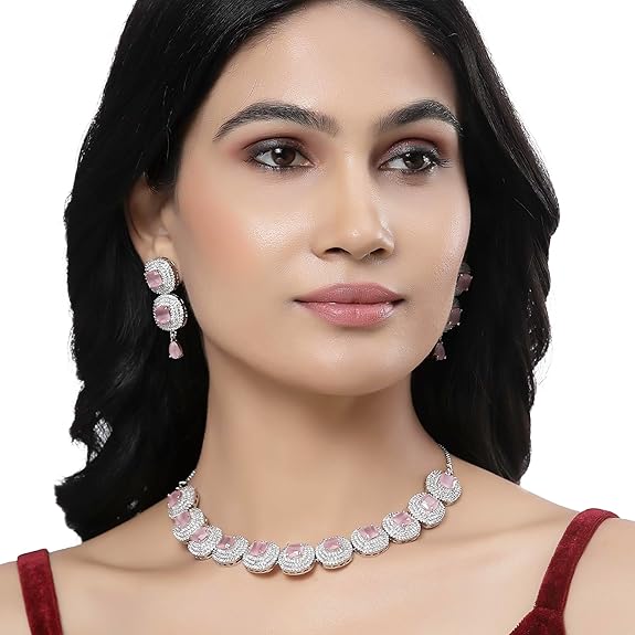Silver Toned Triangular Shaped American Diamond Studded Jewellery Set For Women and Girl (Pink) - Rajputtrade