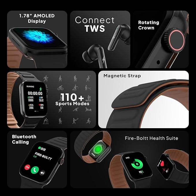 Fire-Boltt Visionary Pro 1.78" AMOLED Bluetooth Calling Smartwatch with 368 * 448 Pixel Resolution, TWS Connection (Black) - Rajputtrade