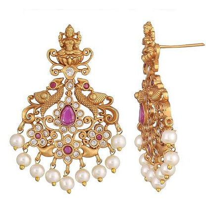 Gold Plated Jaya Long Necklace Set with Lakshmi Idol & Peacock Design - Jewelry Set (White Red) - Rajputtrade
