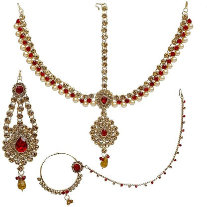 Jewellery Wedding Designer Gold Plated Dulhan Choker Bridal Set with sheeshpatti for Girls & Women dark red - Rajputtrade