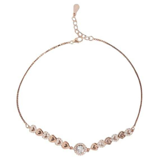 925 Sterling Silver Cubic Zirconia Heart Rose Gold Plating Chain Anklet (Single) | Gift for Women & Girls | - Rajputtrade