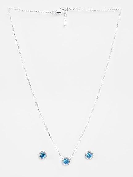 925 Sterling Silver Orsa Blue Solitaire Pendant Earrings Chain Necklace Jewellery Set | Platinum Plated, Swiss Zirconia |Gift for Women and Girls - Rajputtrade