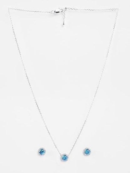 925 Sterling Silver Orsa Blue Solitaire Pendant Earrings Chain Necklace Jewellery Set | Platinum Plated, Swiss Zirconia |Gift for Women and Girls - Rajputtrade