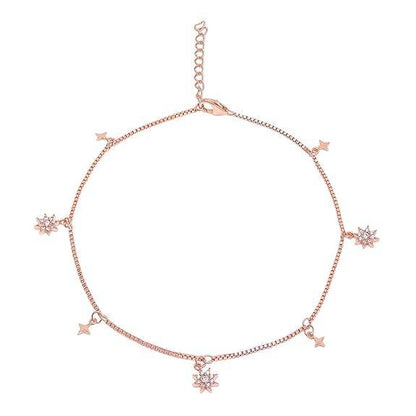 925 Sterling Silver Cubic Zirconia CZ Designer Dual Multi Stars Rose Gold Plating Anklet (Pair) | Gift for Women & Girls | - Rajputtrade