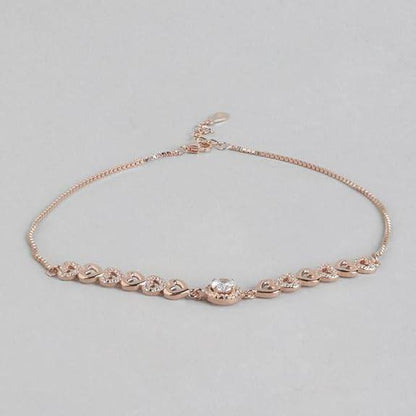 925 Sterling Silver Cubic Zirconia Heart Rose Gold Plating Chain Anklet (Single) | Gift for Women & Girls | - Rajputtrade