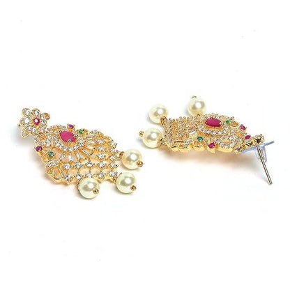 Gold Plated White & Red American Diamond Studded With Drop Pearl Beaded Jewellery Set For Women & Girl - Rajputtrade